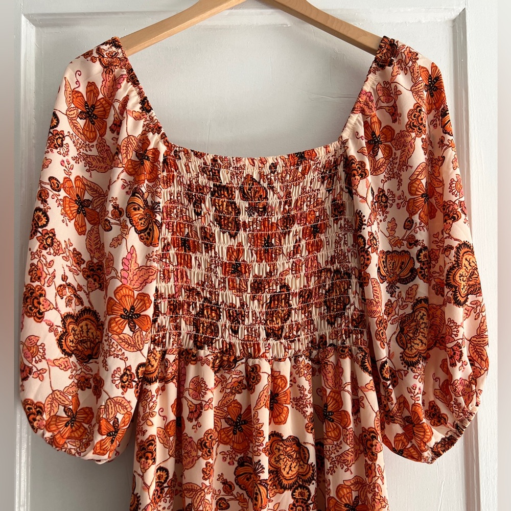 Floral Orange and Cream Smocked Peasant Maxi Dress